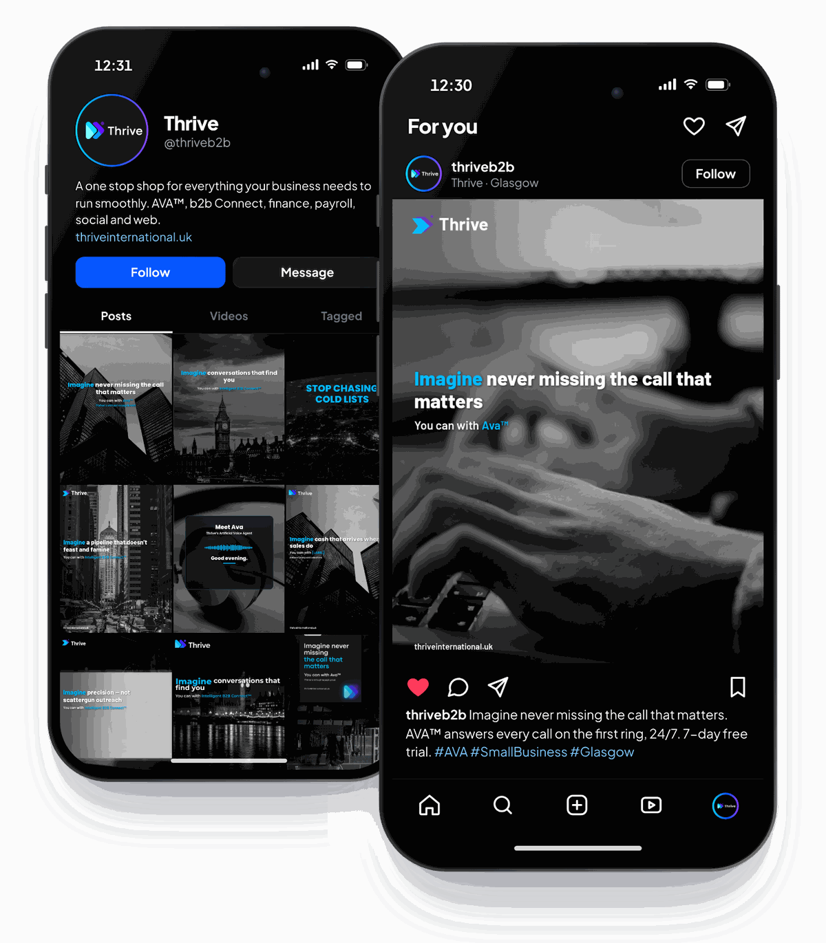 Two smartphones showing Thrive’s own social media profile and a post in the feed